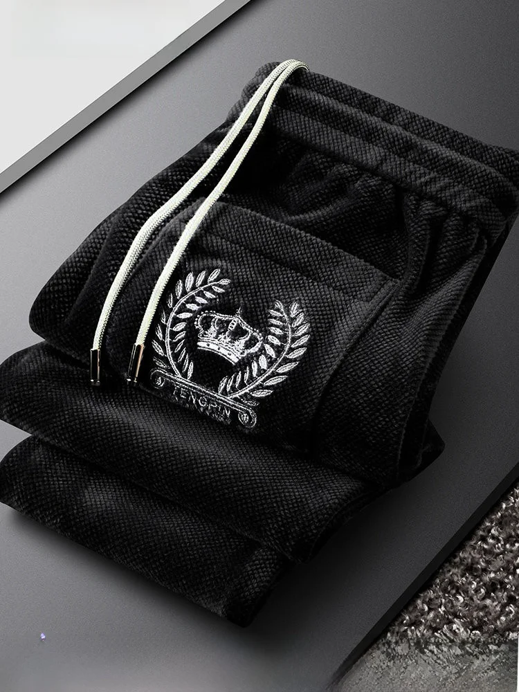 

Bla Corduroy Thiened Fce Lined Sports Pants Men's Slim Fit Autumn Winter Belted Warm Cuffed Sweatpants Casual Trousers