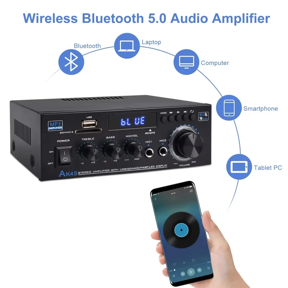 Canale 2.0 Suono Surround Amplificatore Digitale HiFi AK45 Bluetooth MP3 AMP Supporto 90V-240V per Home Car MAX 300W * 2 per Altoparlanti