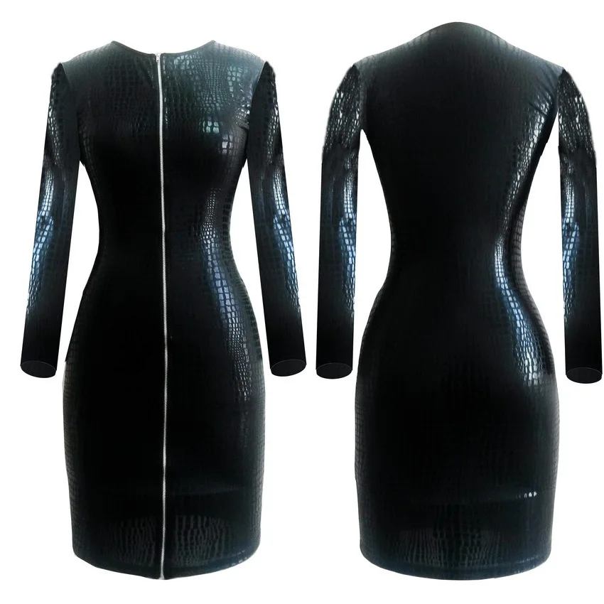 

S-XXXL Women PVC Leather Dress Clothing Sexy Black Snakeskin Faux Leather Zipper Dress Summer Zipper Bodycon Dress