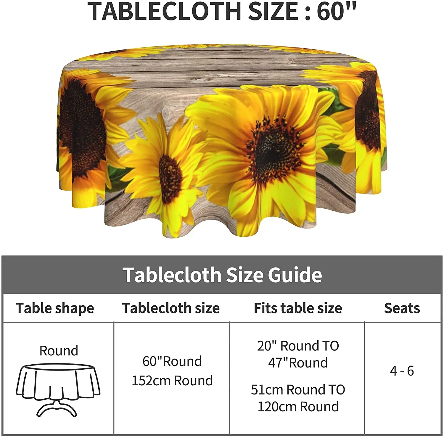 Table Cloth Round 60 Inch Autumn Sunflower on Rustic Wood Grain Tablecloth Waterproof Washable Table Cover for Outdoor Intdoor