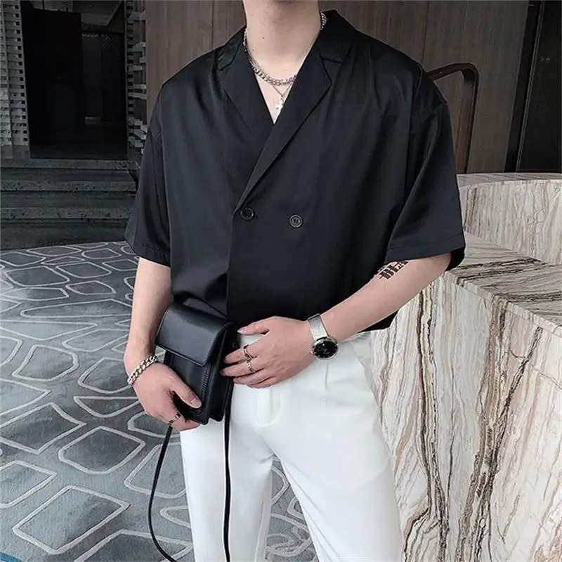 Summer Suit Collar Short-Sleeved Shirt Men's Solid Color Loose Casual Shirt Korean Version Fashion Trend Drape All-Match Top