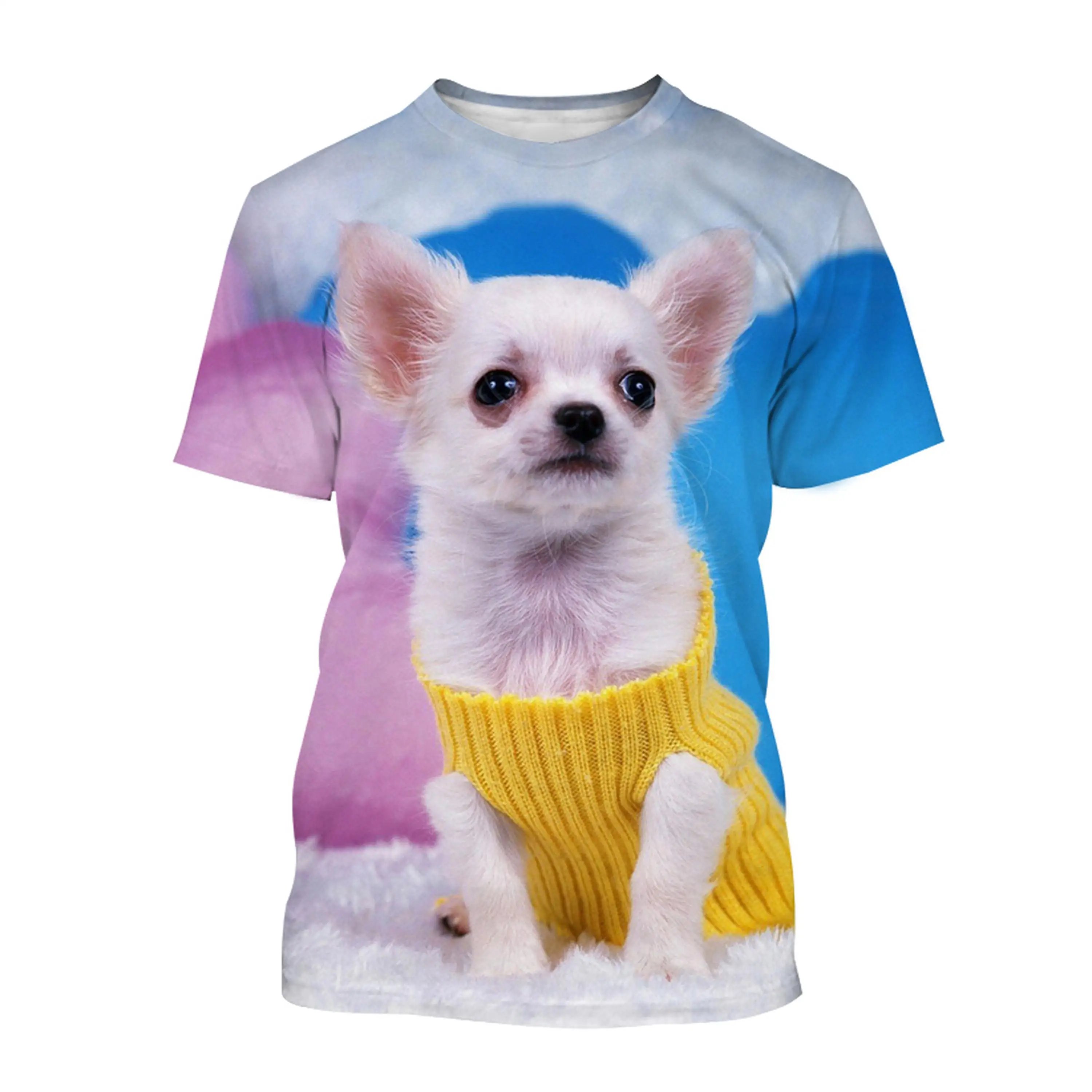 男性と女性のための3DプリントTシャツ,カジュアル,通気性,軽量,夏,動物,犬,チワワ