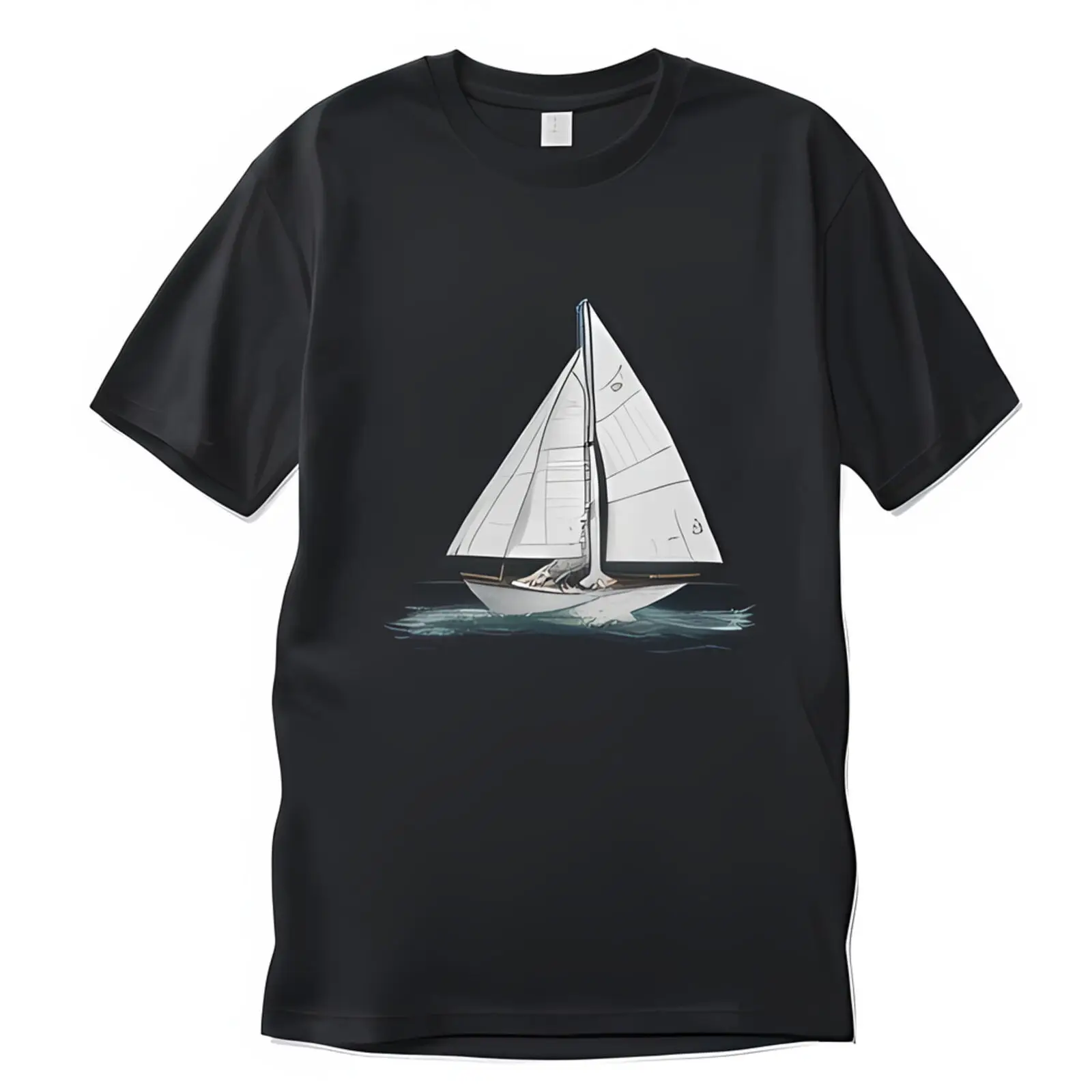 Black T-Shirt with Detailed Sailing Yacht Illustration Ross Style Front View