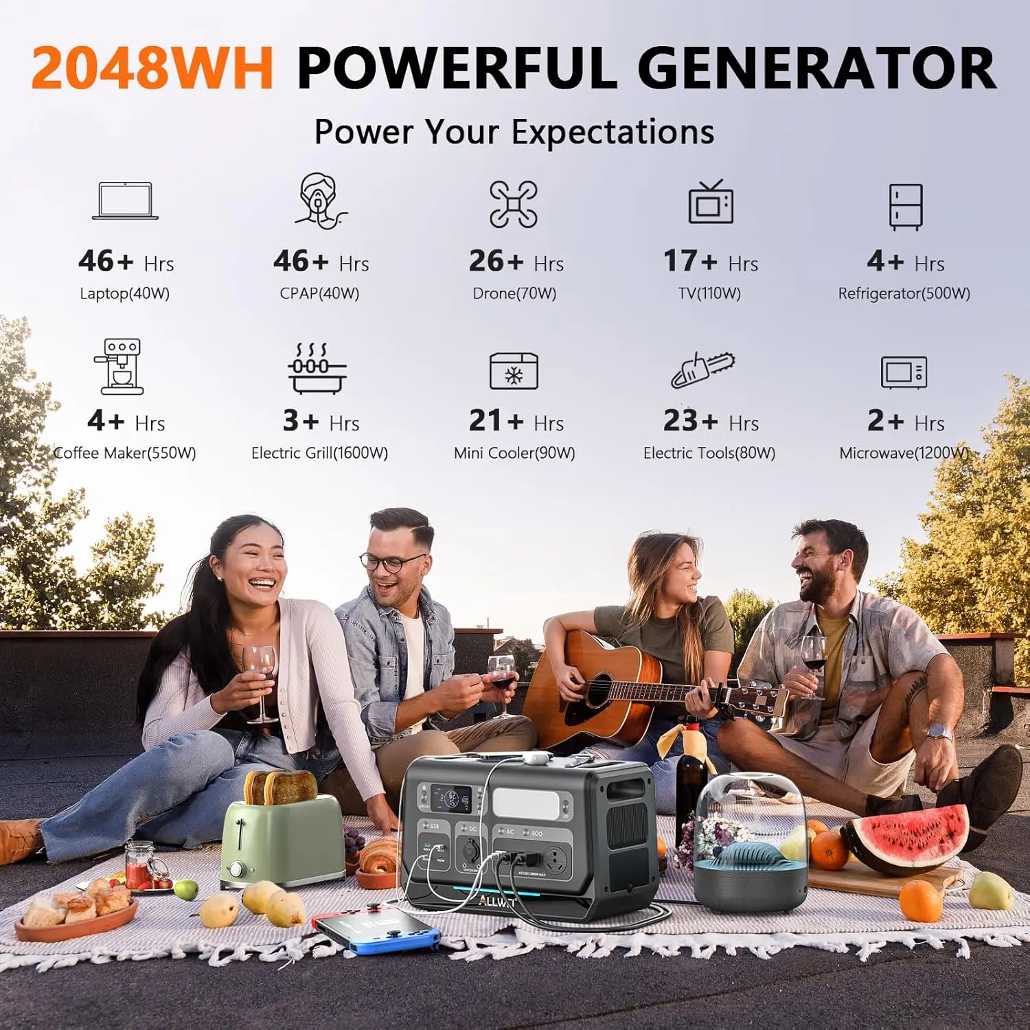 Generatore solare 2400 W con pannello solare 1x 200 W, centrale elettrica portatile LiFePO4 da 2048 Wh, UPS, ricarica rapida in 1,5 ore