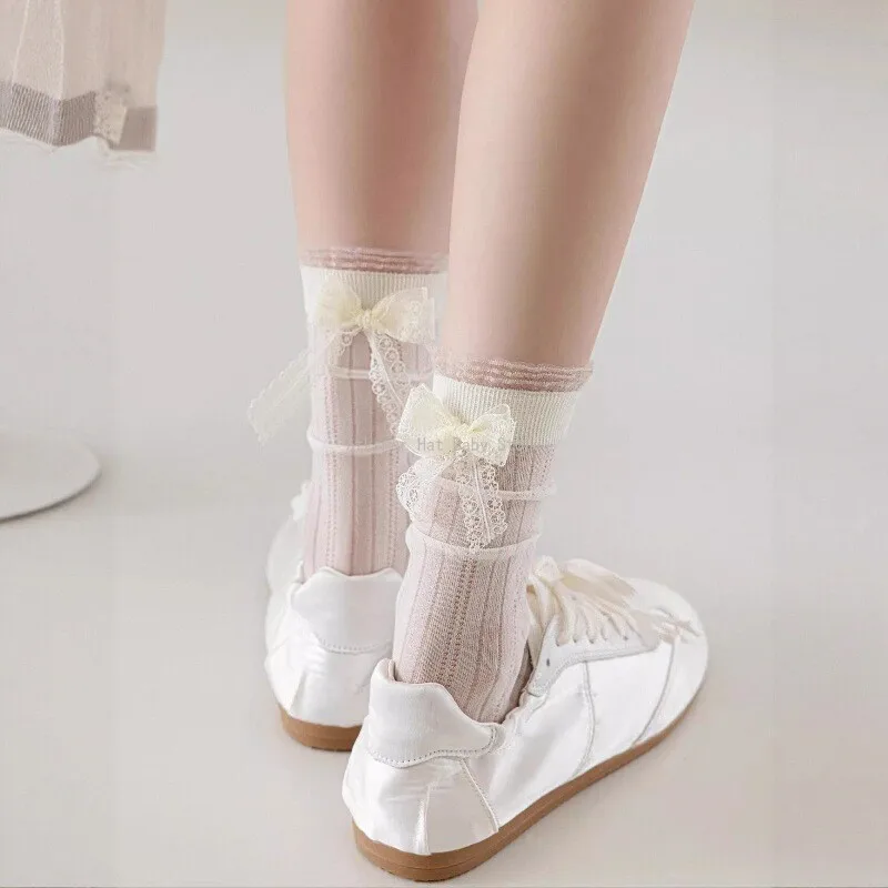 

Ruffle Mesh Bowknot Socks Ballet Style Lolita Mid Tube Socks Breathable Female Hosiery Sweet Socks Girl Women Jk Stockings