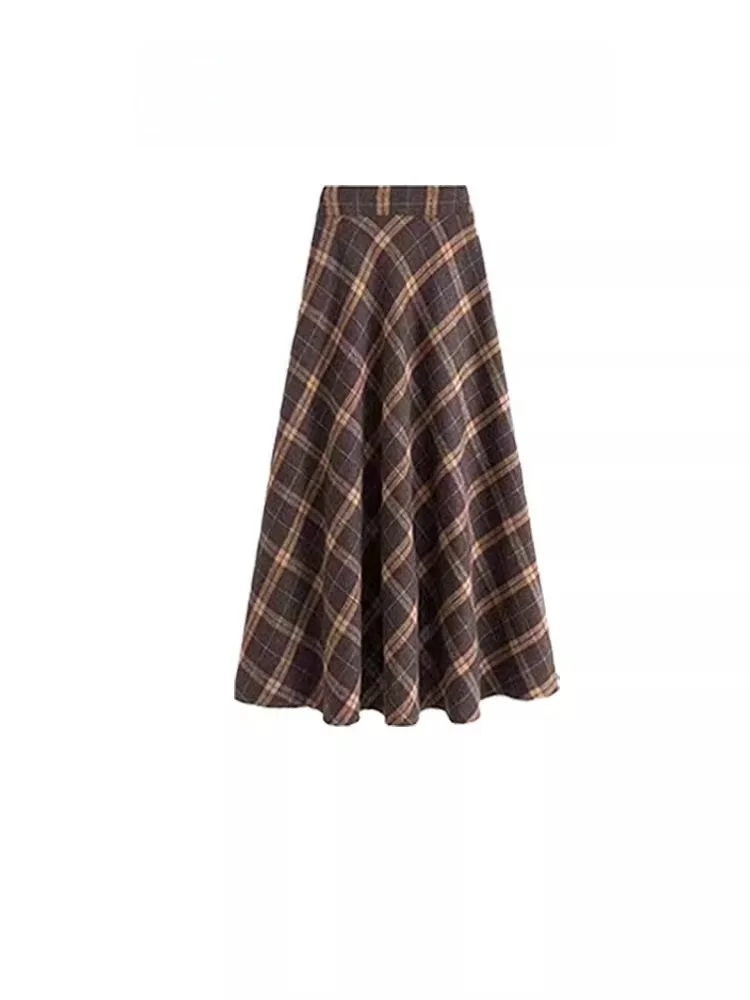 Otoño Invierno de talla grande traje de mujer falda a cuadros de cintura alta suéter de punto conjunto de dos piezas efecto adelgazante ropa Casual