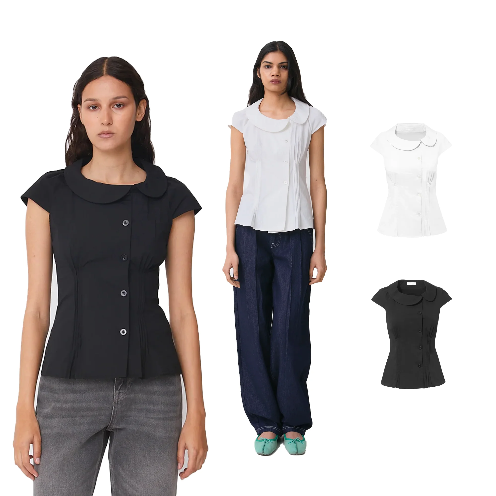 

Pead Doll Collar Short-Sleeve Shirt with Side Pleats for a Slimming Effect, Short Flutter Sleeves, Slim Fit, Pleated Design, Suitable for Casual and Work Wear