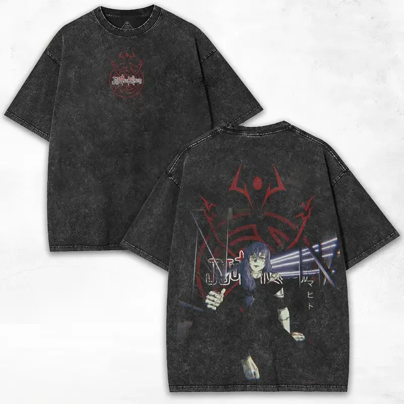 Anime Jujutsu Kaisen Mahito Printed Tee Men Short Sleeve Cotton Tshirts Vintage Washed T-shirt Harajuku Male Oversized T Shirt