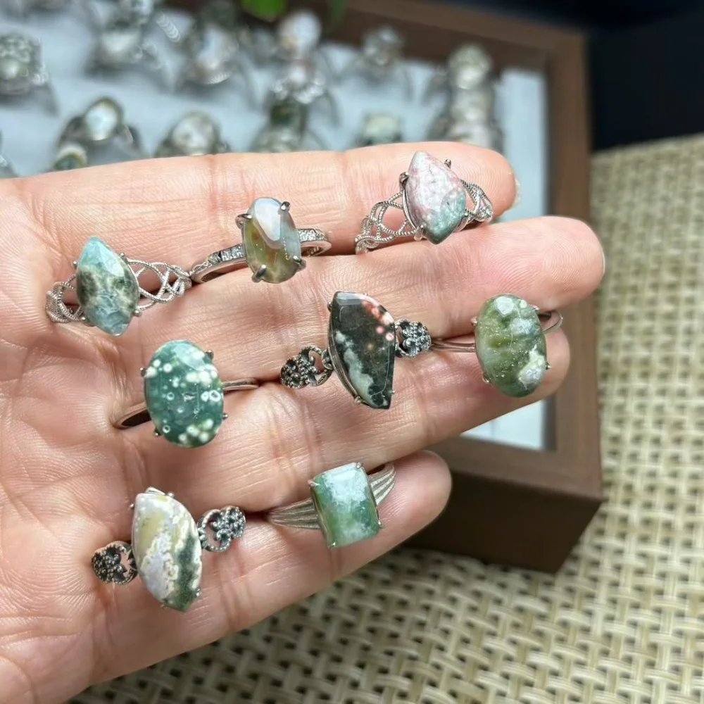 Natural Ocean Jasper Crystal Ring for Women Yoga Reiki Healing Fengshui Stretching Jewelry Gift - 1 Piece