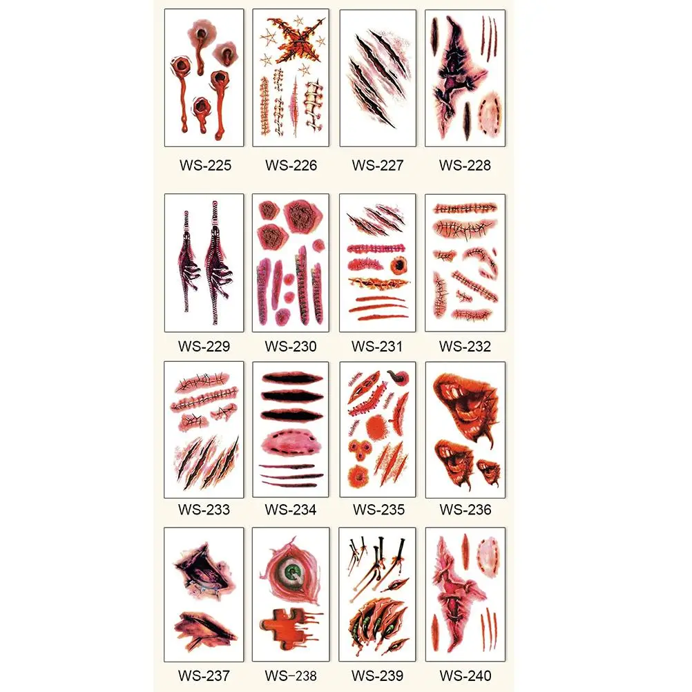 Temporary Scar Tattoos Stickers Realistic Bloody Wound Scab Horror Body Face Decals Prank Props for Halloween Cosplay