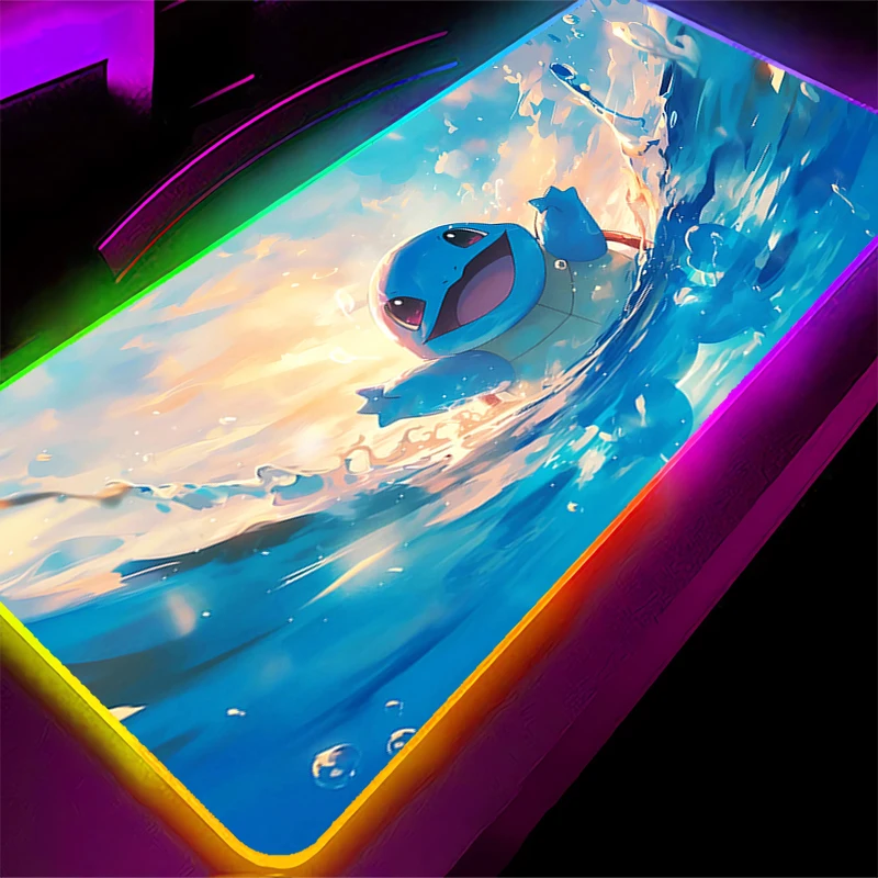 RGB Backlight Mouse Pad Pokemon Squirtle Gamer Large LED Computer Lock Edge Mousepad Carpet Gaming Accessories Keyboard Desk Mat