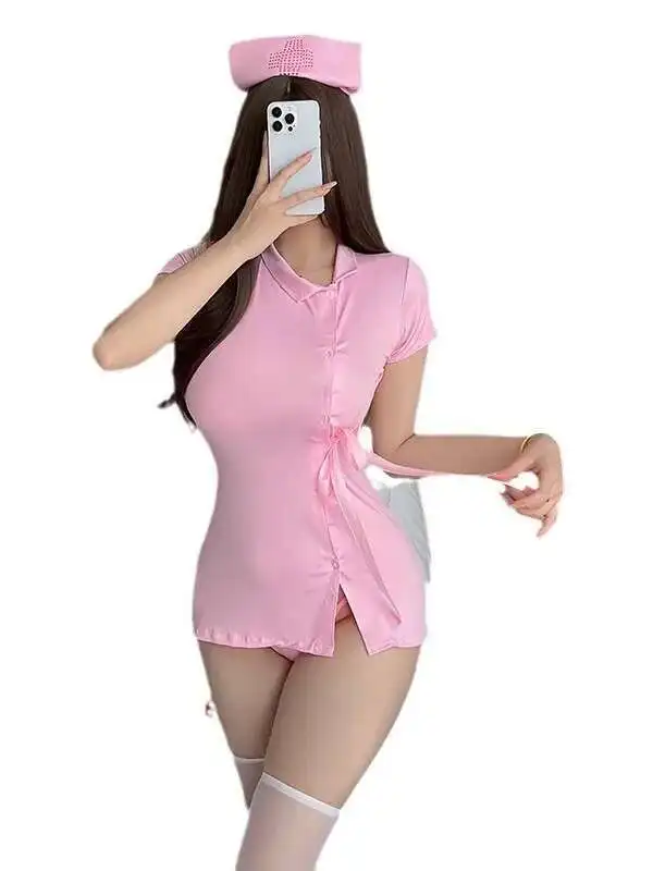 섹시한 핑크 여성 속옷 란제리 유혹 달콤한 핑크 간호사 유니폼 매력적인 아름다운 순수한 욕망 바디 슈트 V8UN