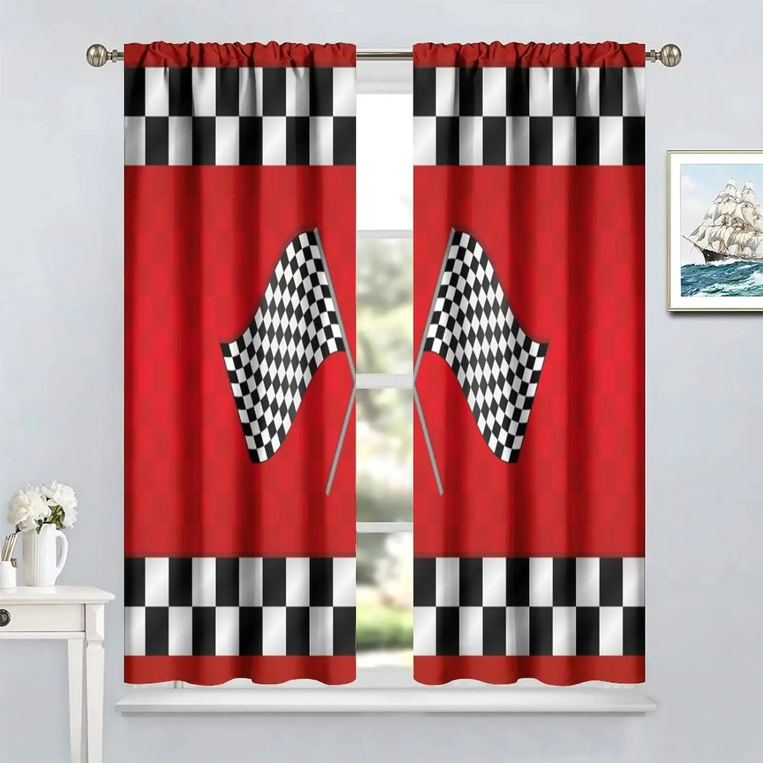 Racing Car Kids Curtains, Boys Construction Vehicles Window Treatments for Boys Bedroom,Red Racing Flag Drapes 2 Panel Sets