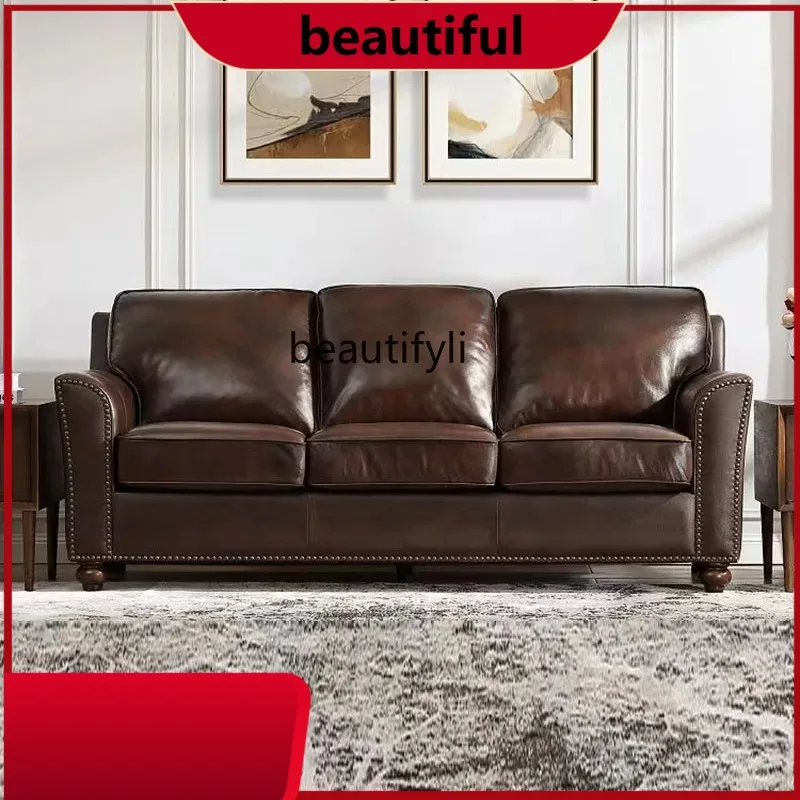 

American country leather sofa first floor cowhide villa small apartment three-person retro H