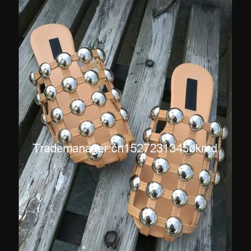 Women Beach Slippers Rivet Flat Summer Slippers Square Cover Toe House Slippers Women Pearl Plus Size 44 Girls Shoes Women