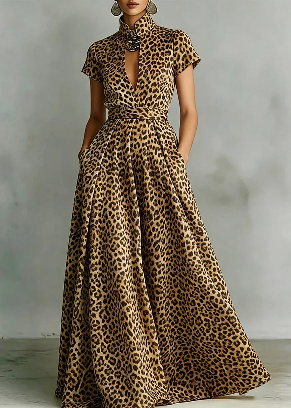 

Women's Classic Brown Leopard Print Dress Elegant Stand Collar Short Sleeve Side Pocket Slim Summer Daily Party Maxi Dress