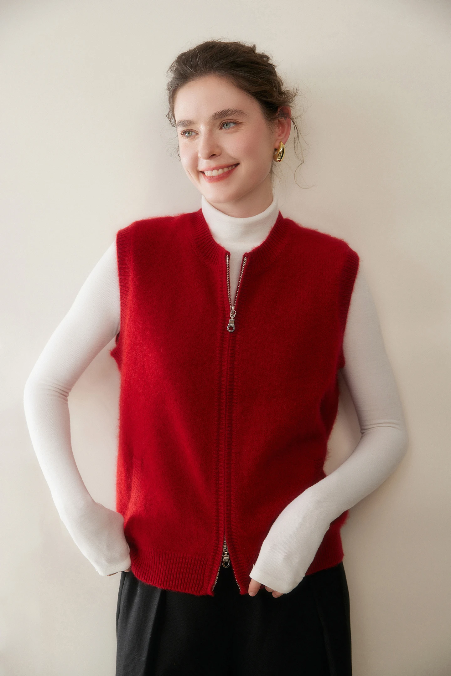 여성용 가을 겨울 100% 캐시미어 두꺼운 O넥 민소매 가디건 베스트 캐주얼 부드러운 두꺼운 니트 스웨터 다용도 탑