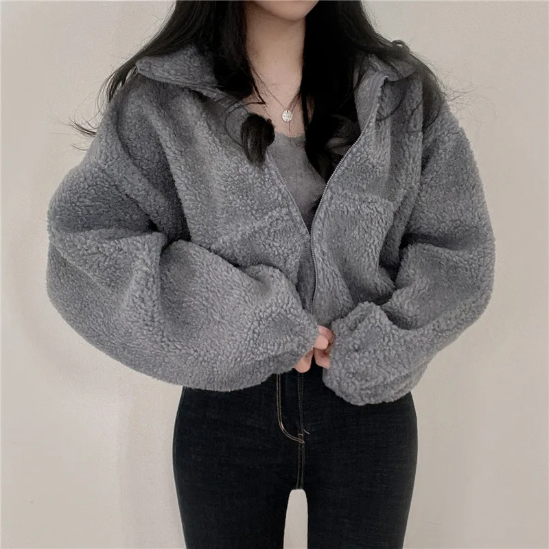 Women Autumn Winter Plush Thickened Loose Cardigan Zipper Coat Stand Up Collar Lamb Wool Top Trendy Long Sleeve Loose Jacket