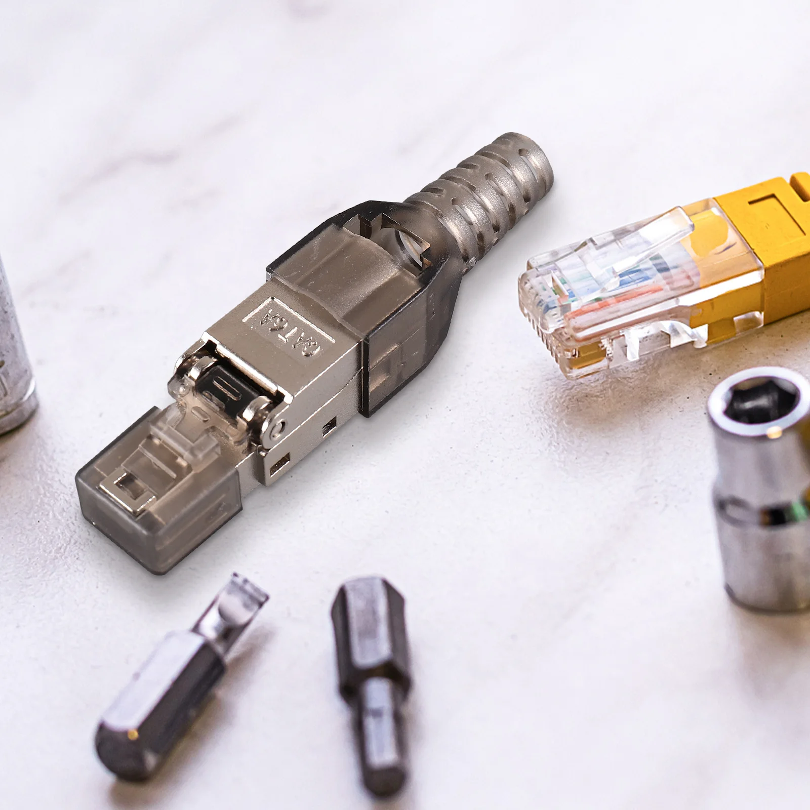 

Cat 6a Ethernet Connector Modular Plug Shielded Gold-Plated Pass Through Tool-Free Easy Installation Stable Transmission