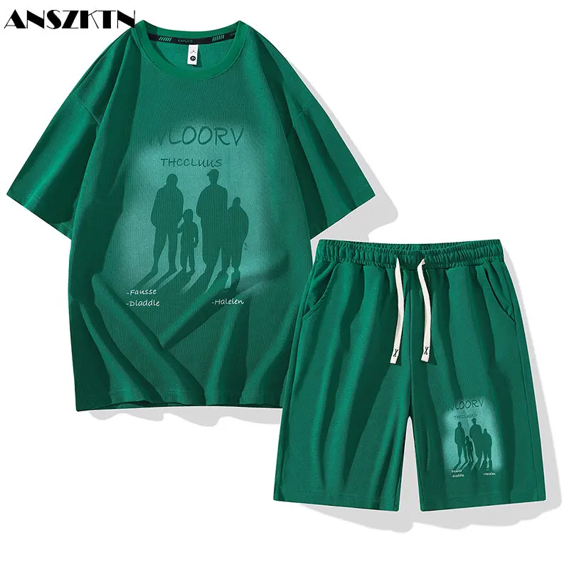 ANZKTN Summer new explosive printed round neck plus size shorts casual sports T-shirt suit