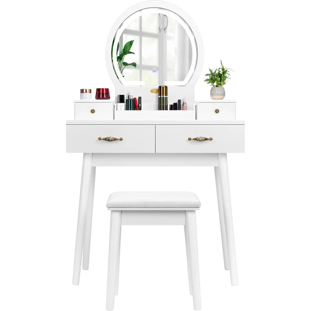 

Vanity Set with 3-Color Dimmable Lighted Mirror, Makeup Dressing Table with Drawers, Padded Stool, White