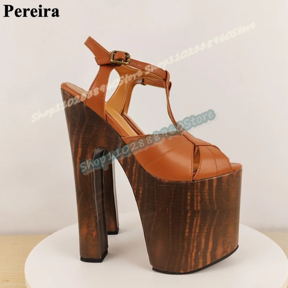 

Brown Leather T Strap Platform Wood Printing Sandals Chunky High Heel Shoes For Women Ankle Buckle Strap Peep Toe Trendy Sandals