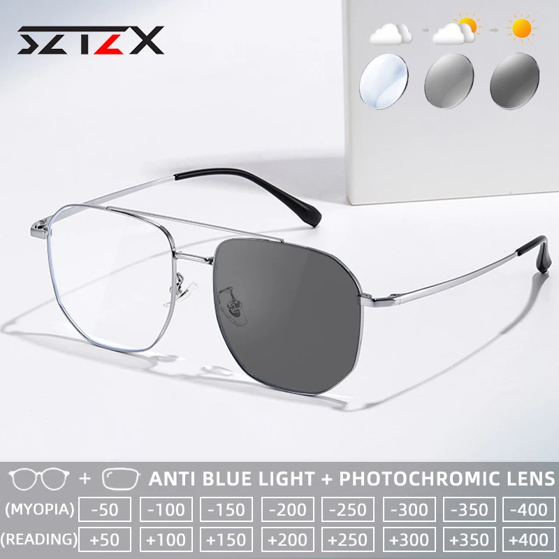 

SZTZX Ultralight Photochromic Reading Glasses Blue Light Blocking Oversize Frame Myopia Glasses Progressive Prescription Eyewear