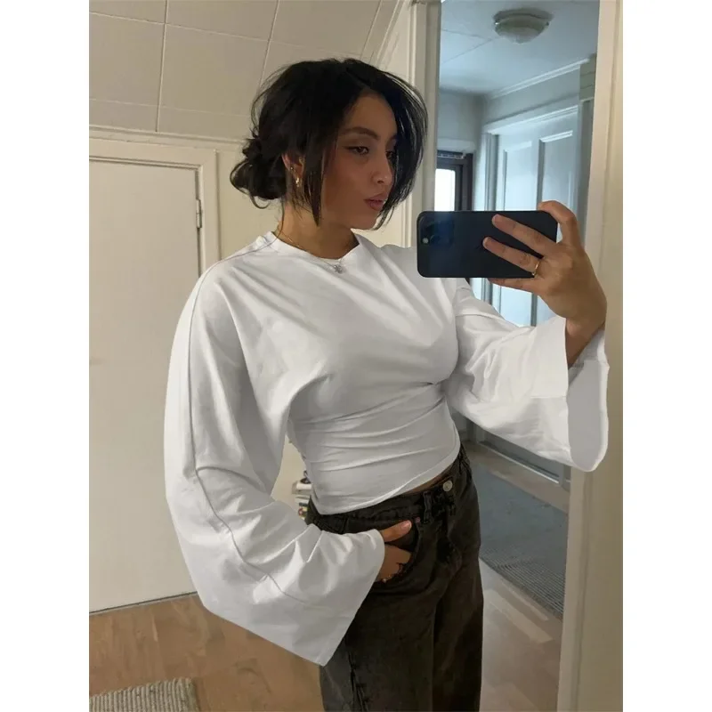 Dames Effen Kleur Ronde Hals Voorkant Schouder Brede Lange Mouwen Cinched Taille Slanke Crop Top Dagelijks Casual Eenvoudige Veelzijdige Tops