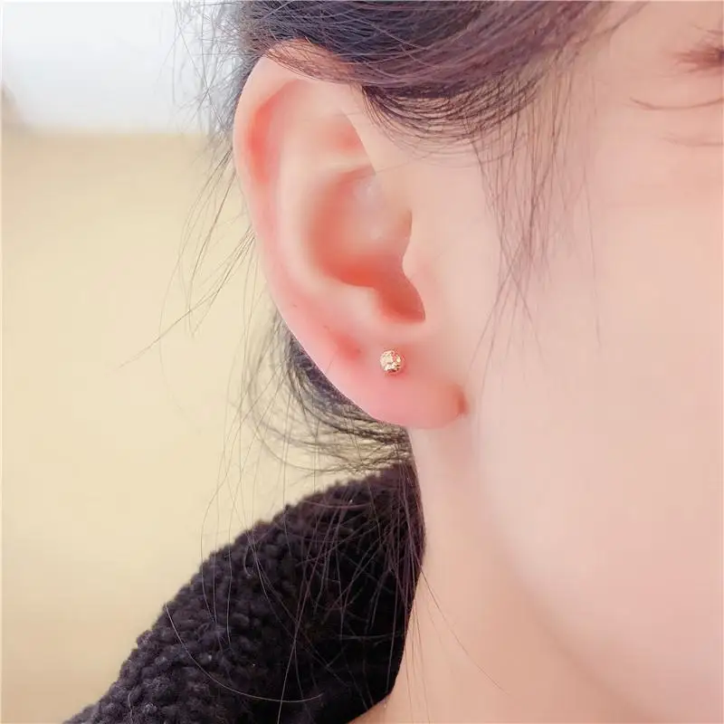 585 purple gold shiny round bead screw ear studs double wear simple glossy 14K rose gold earrings for women party daily jewelry