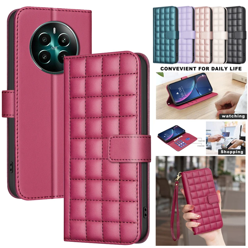 3D Checkered Pattern Wallet Bag Leather Case For OPPO Realme 12 Plus 11x 12x Realme12 Pro Plus 5G Phone Case Magnetic Flip Cover