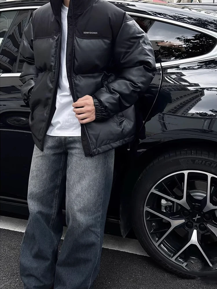 

Men's Thiened Winter Jaet Stand Collar PU Leather Patchwork down Cotton Coat Bread Sle Warmth-Kee Outerwear