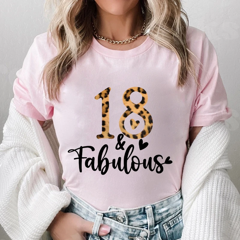 18th Fabulous T-shirt for Women Birthday Party Crew Tshirt Casual Fashion Leopard Graphic Print Female Shirt Bestie Matching Tee