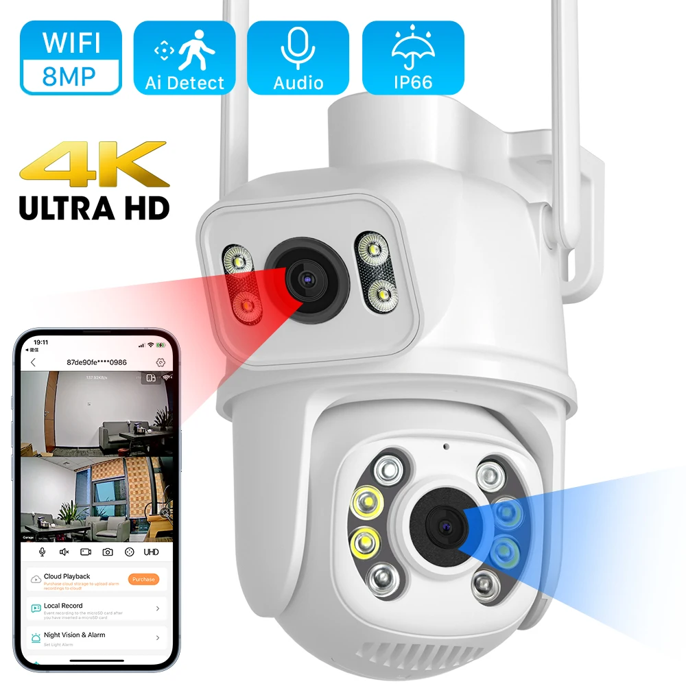 

8MP Dual Lens PTZ WiFi IP Camera Ai Human Detection Color Night Vision 4MP 1080P Single Lens Wifi Surveillance Camera iCSee App