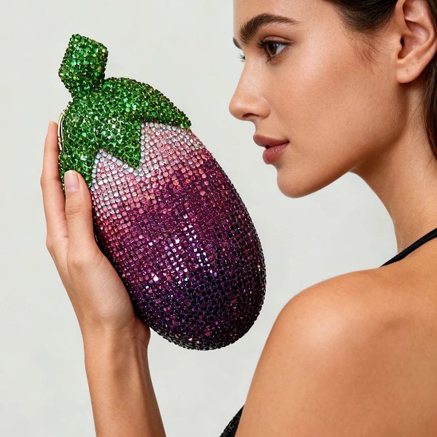 Bolsos de Noche con Forma de Berenjena para Mujer, Bolsos de Mano Metálicos con Pedrería, Bolsos Únicos para Damas, Bolsos de Hombro con Cadenas para Bodas y Fiestas