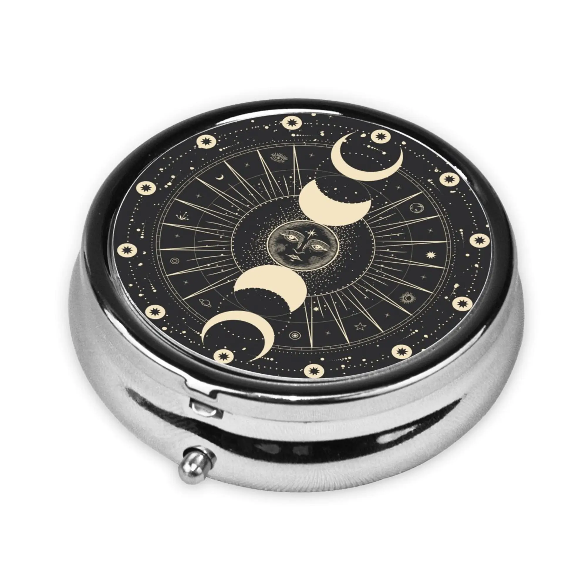 Metal Round Pill Box Moon Star Mystic Sun Astrology Tarot Goth Medicine Case Organizer 3 Compartment Container for Purse Vitamin