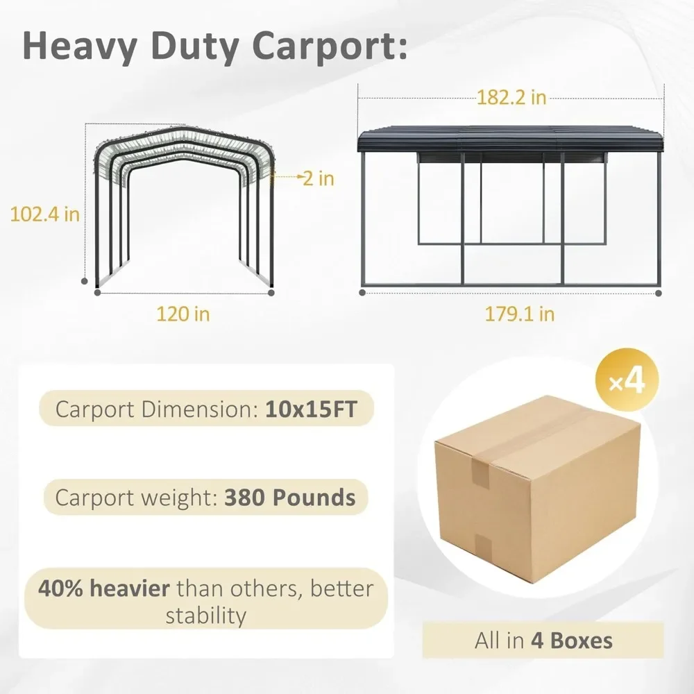 10 x 15 FT Metal Carport, Outdoor Heavy Duty, Garage Car Shelter Shade with Metal Roof, Frame and Bolts for Car, Truck and Boats