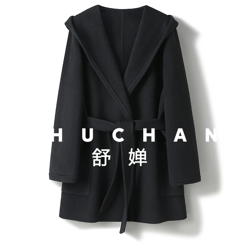 

2025 wool cashmere high-count hooded loose lace-up in medium-length coat autumn and winter women's double-sided tweed coat
