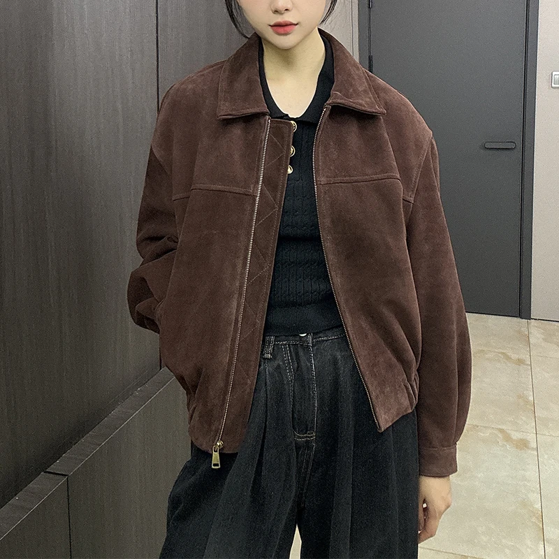 المستوردة الفاخرة جلد الماعز طفل الجلد المدبوغ معاطف السترة للنساء أزياء قصيرة سستة مرونة الخصر الإناث عارضة سترة جلدية حقيقية