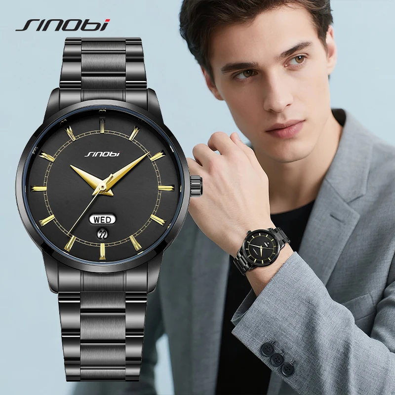 

SINOBI Stainless Steel Mens Quartz Watches Top Brand Man's Wristwatches Original Design Male Best Gifts Clock