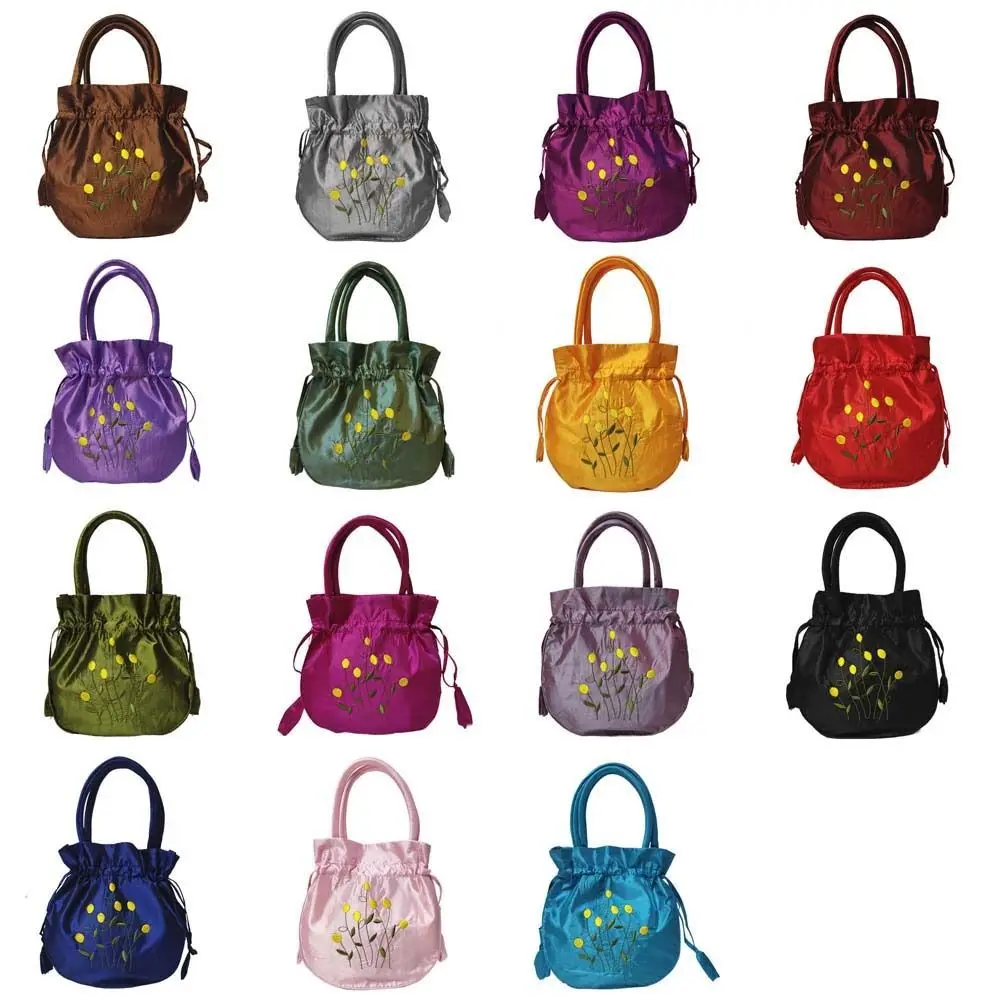 Fashion Satin Silk Hanfu Drawstrings Bag Ethnic Style Mommy Bag Floral Bucket Bag Leaf Korean Small Purse Wallet Travel