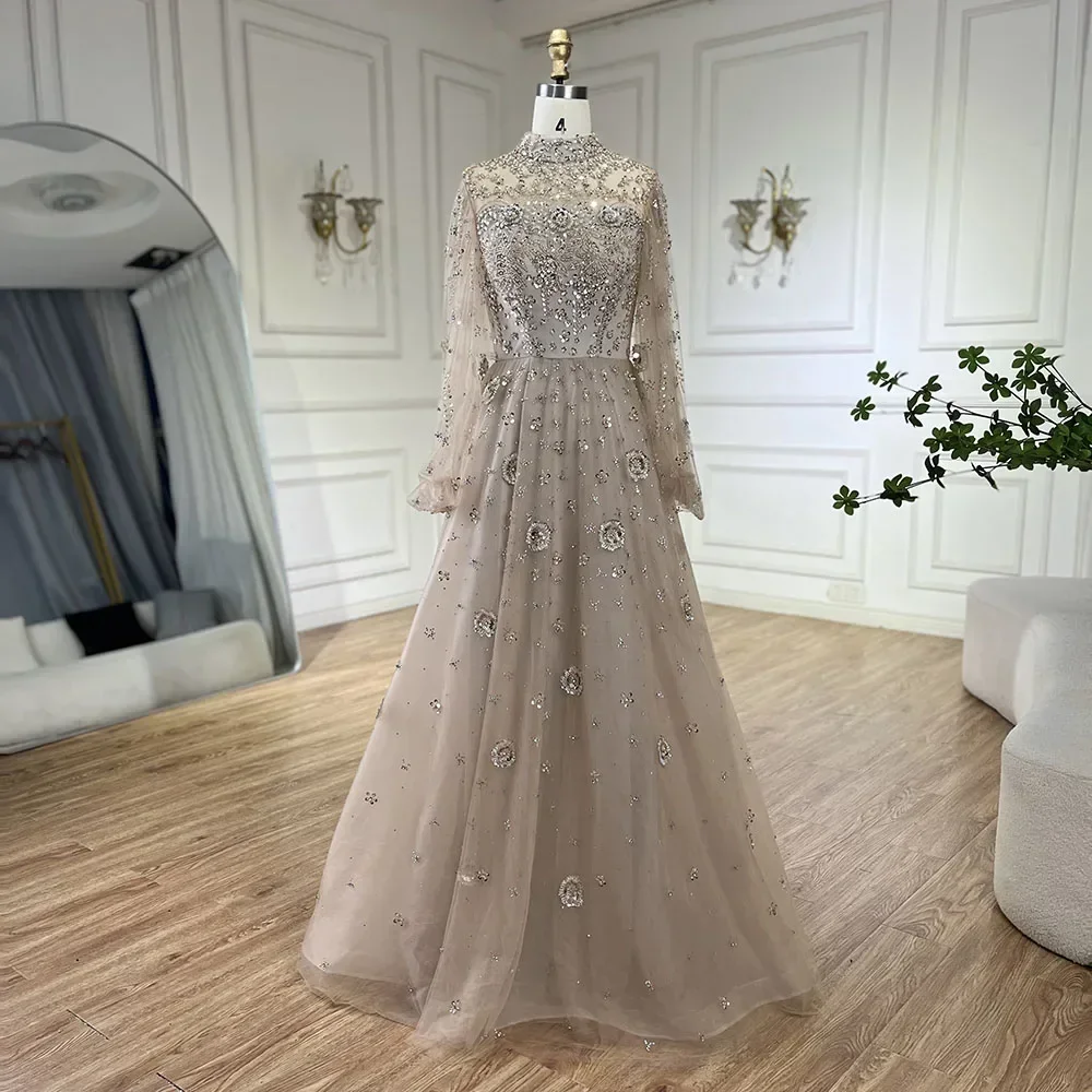 Serene Hill Muslim Nude A-Line Beaded Luxury Modern Dubai Long Evening Gown Customize Wedding Party 2025 BLA72594