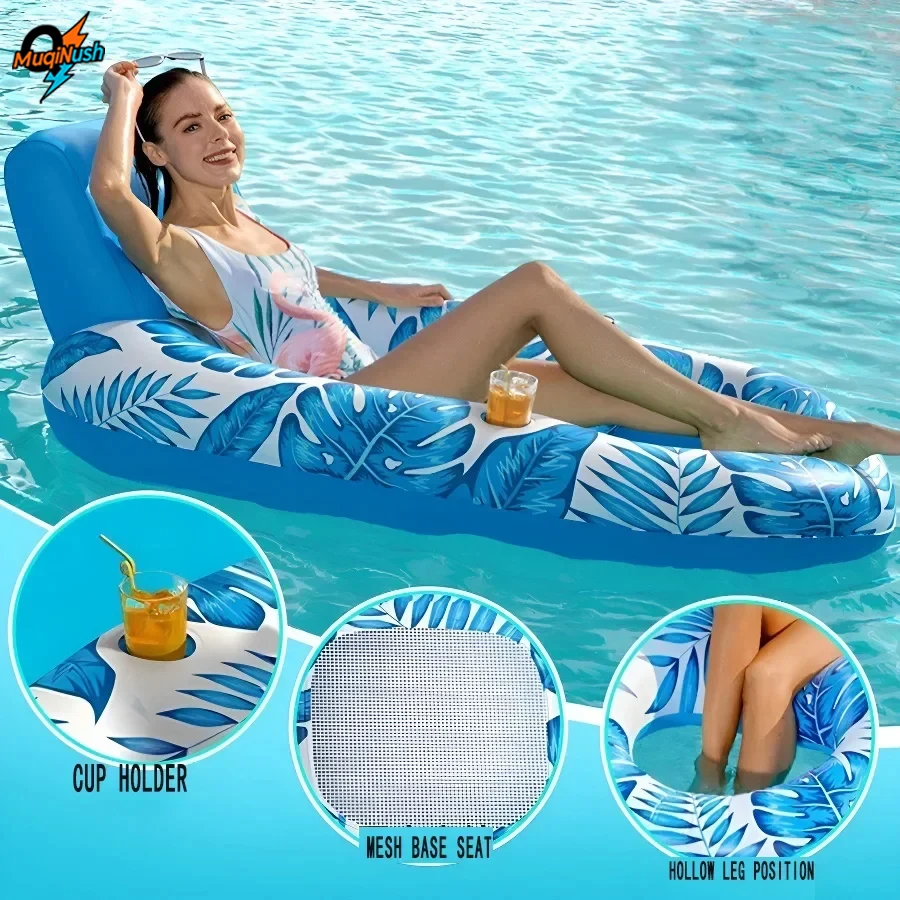

MuqiNush Inflatable Pool Lounge Chair With Backrest Footrest And Cup Holders Oversized Sunbathing Float Swimming Pools Beaches