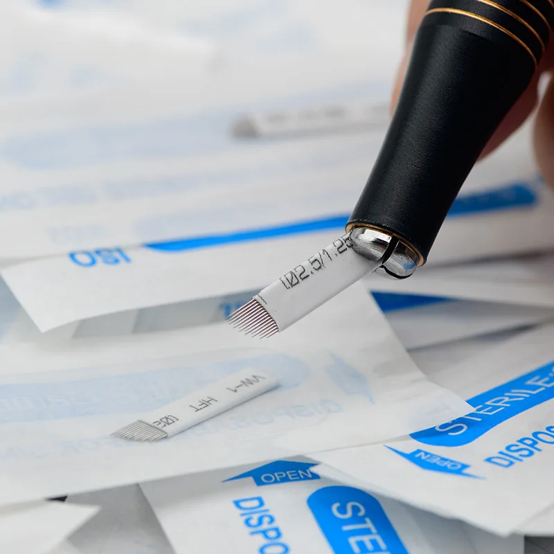 

White Tattoo Needles 14 Pin Bevel for Permanente Makeup Eyebrow Microblading Blades Manual Pen