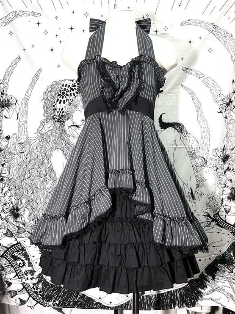 Japanische Subkultur Vintage 2-teiliges Set Damen Y2K Gothic Gestreifter Spitzen-Trägerrock Süßer Hochtaillierter Minirock Party-Outfit