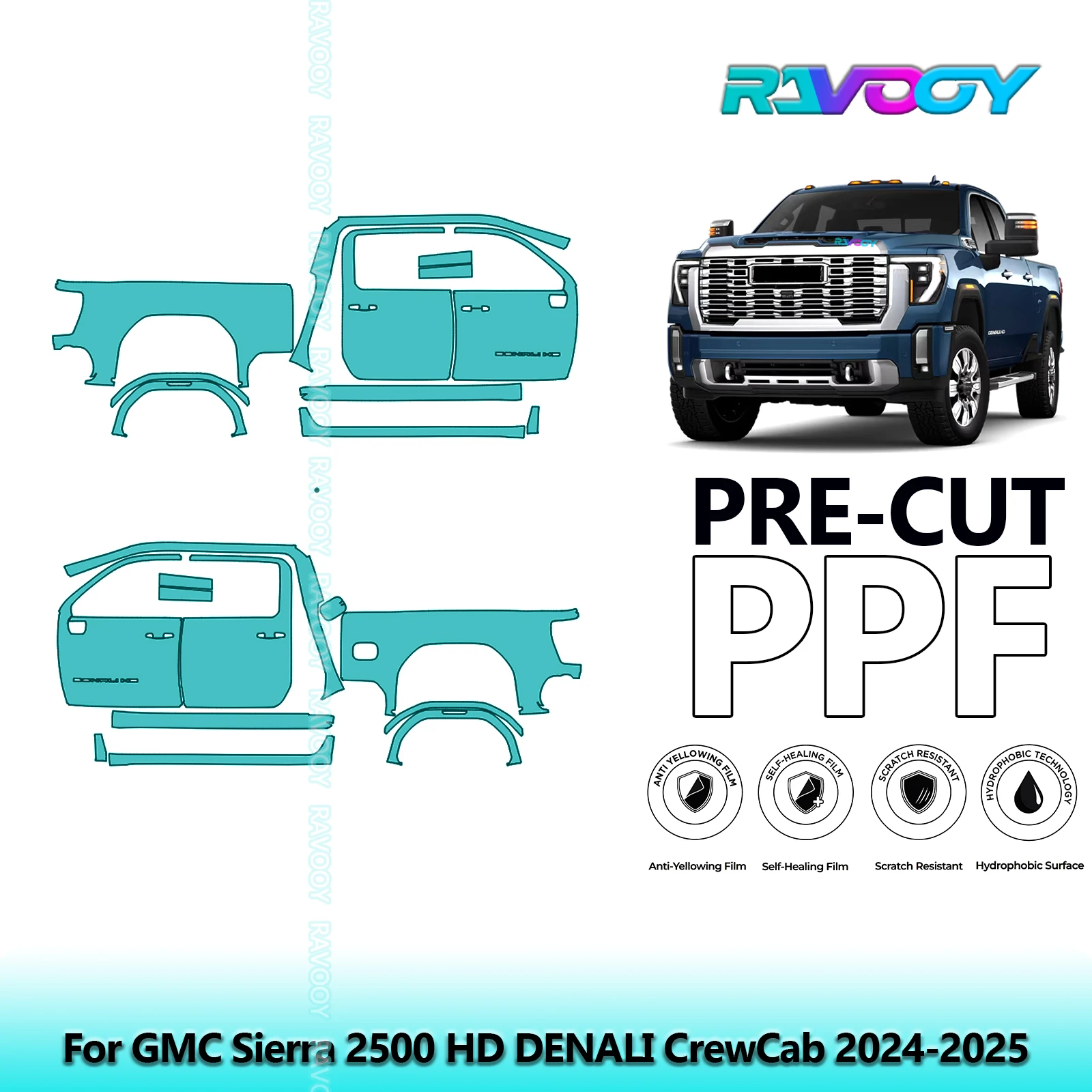 

For GMC Sierra 2500 HD DENALI CrewCab 2024-2025 8.5mil Pre-Cut PPF Door & A/B Pillar Kit TPU Paint Protection Film Set