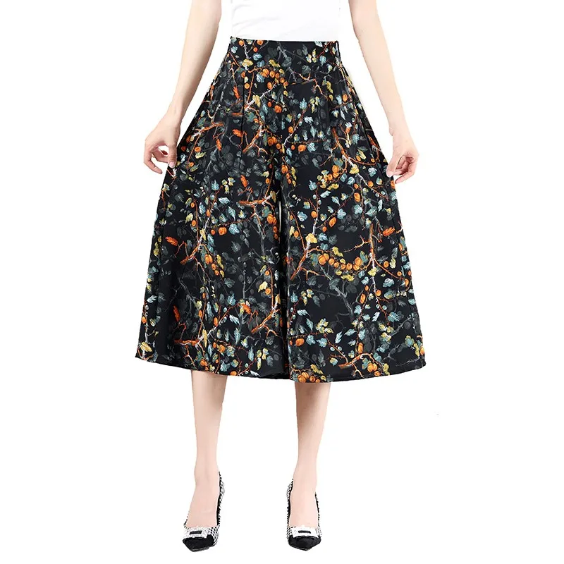 Casual Pleated Wide Leg Cropped Pants Women's Clothing Summer Thin Loose High Waist Elastic Vintage Floral Printed Trousers