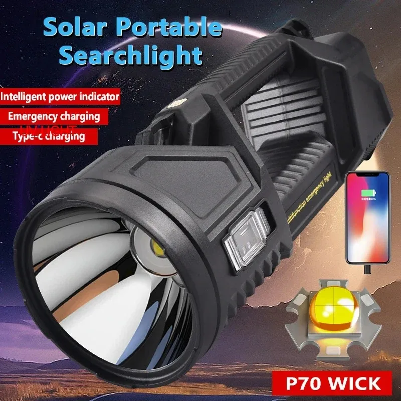 USB Rechargeable Flashlight Outdoor Solar Flashlight Long Range Searchlight Multifunctional LED High Power Flashlight