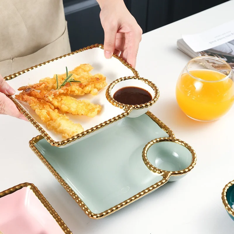 

Ceramic Square Plate with Dipping Saucer Snack Plate Phnom Penh Dumpling Dish Fruit Fries Salad Dish Home Kitchen Tableware