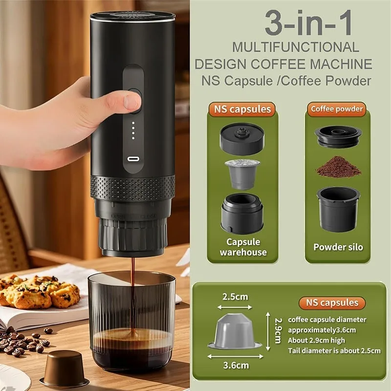 3-in-1 draadloze draagbare espressomachine Capsule koffiepoeder Reiskoffiezetapparaat Slimme extractie Draadloze verwarming Camping