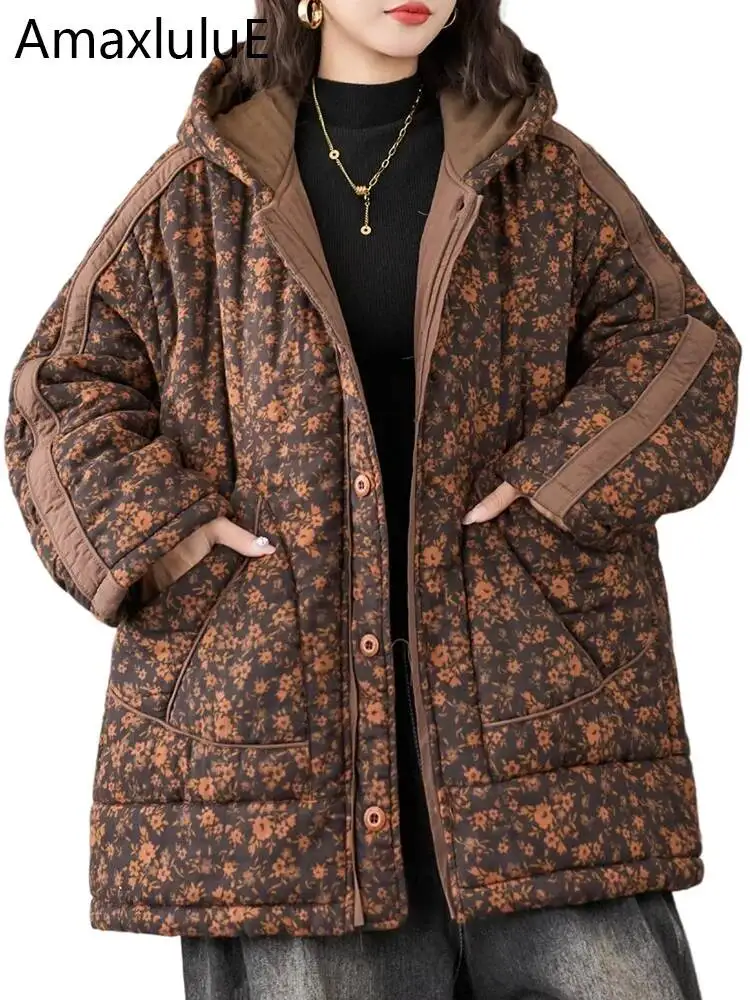 

Amax LuluE зимние теплые модные стеганые куртки женские большие повседневные парки с капюшоном и принтом женские винтажные утепленные пальто с цветочным принтом
